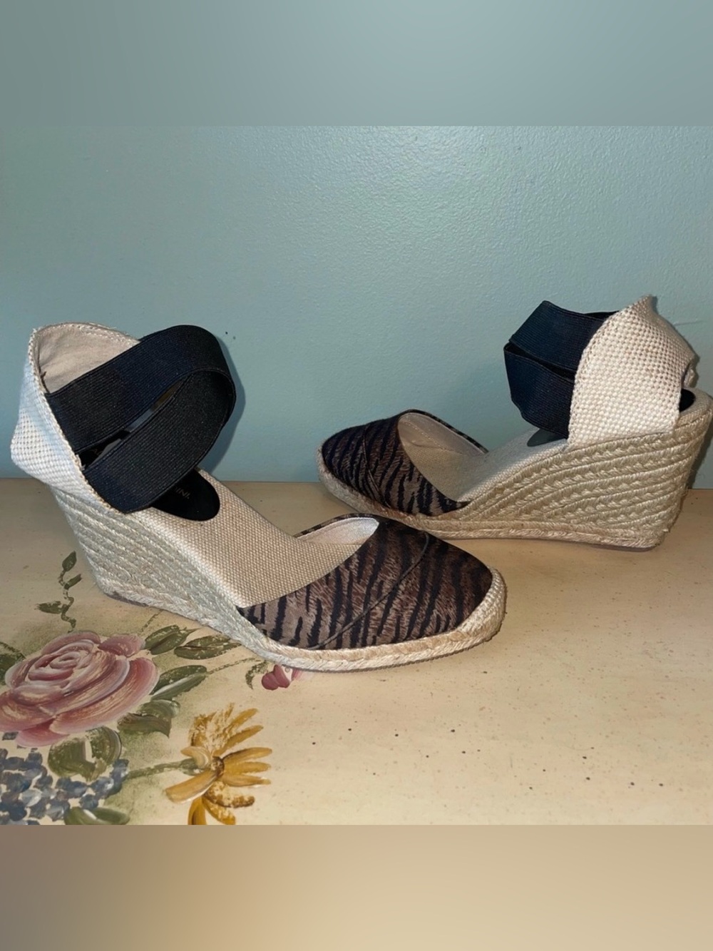 Adrienne Vittadini Tiger Espadrille Wedge Heel Elastic Ankle Strap Shoes